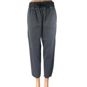Zara Black Gray Drawstring Raw Hem High Waist Straight Leg Trousers Pants Size S